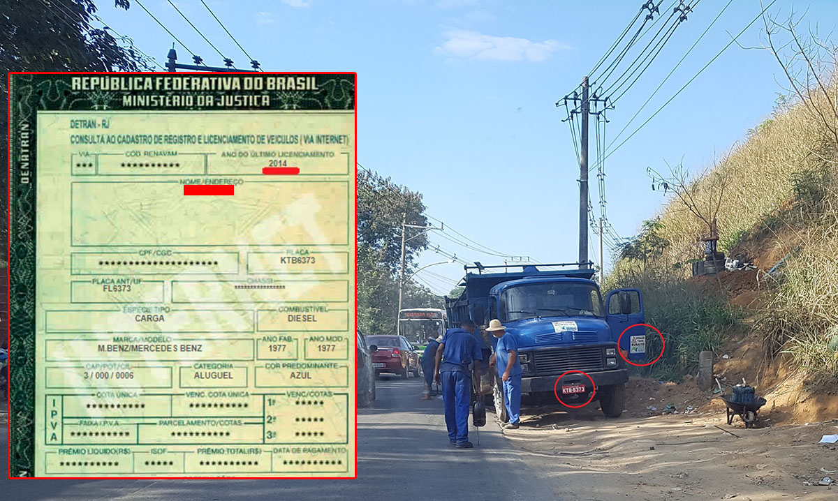 De acordo com o sistema do Detran este caminhão fez o último licenciamento em 2014. Pela lei não deveria estar circulando, mas esta, em Nova Iguaçu, ao que parece, só se aplica aos condutores de veículos particulares